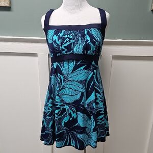 Maxine of Hollywood Navy and Turquoise Leaf Print One Piece